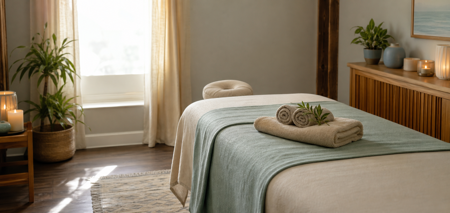 A soft massage room scene with folded towels and warm natural light