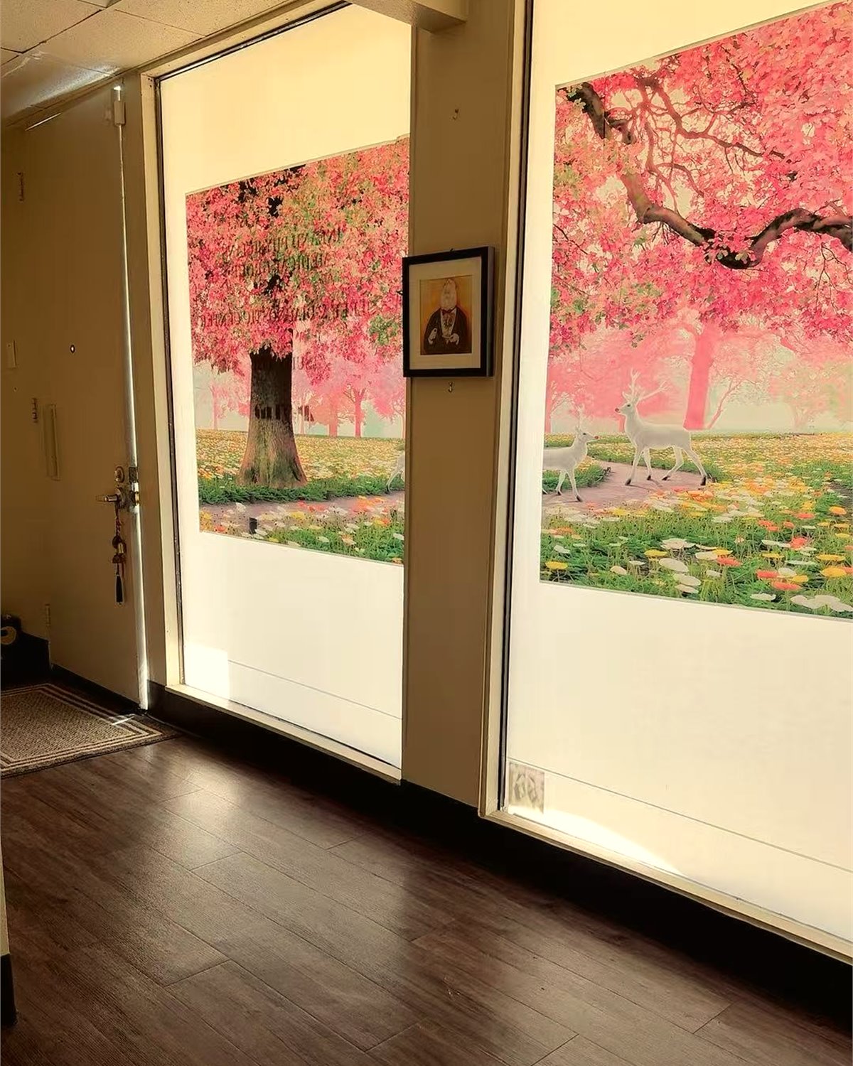 Entry windows with soft pink tree panels and dark wood flooring